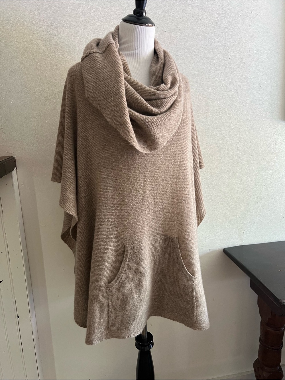360 Cashmere Taupe Hooded Cashmere Poncho